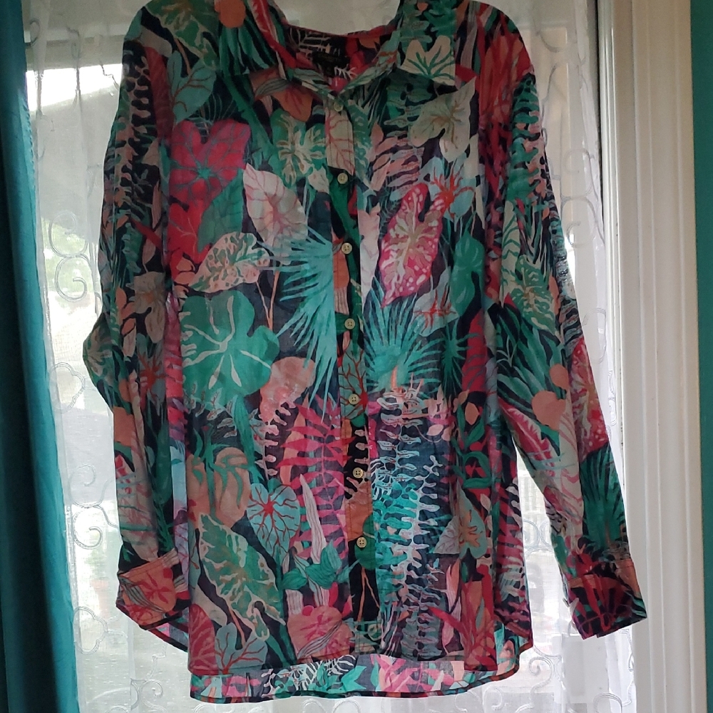 Talbots Tropical Print Blouse - Green, Pink, Blue